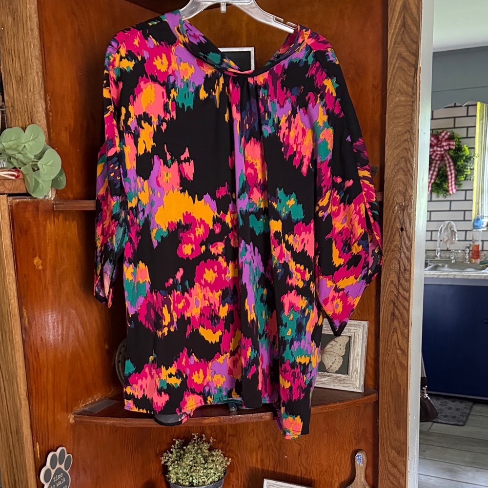 SHEIN Colorful Abstract Blouse - Black, Pink, Orange, Green